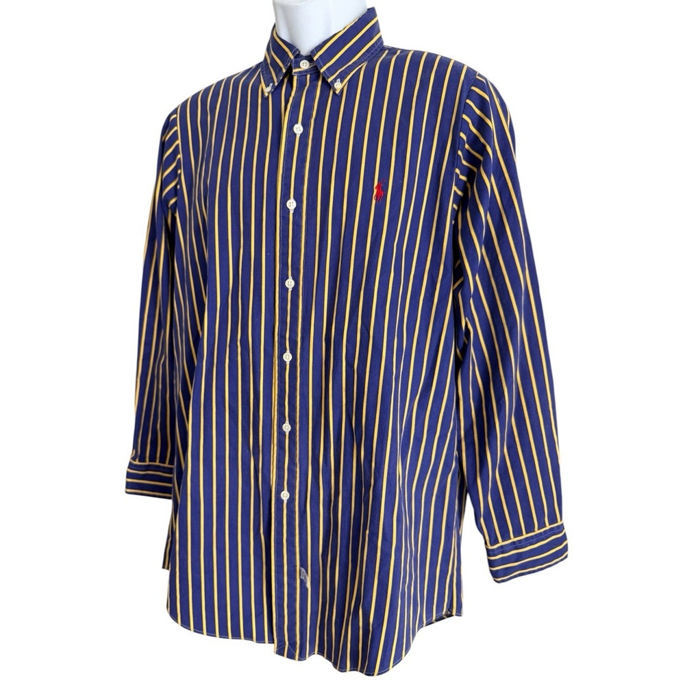 Ralph Lauren Men Shirt L Oxford Shirt Blue Yellow Striped Button Red Pony - Picture 4 of 8